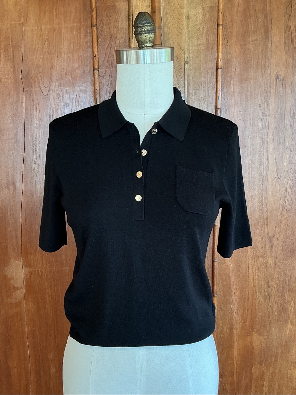 Classic Black Short-Sleeve Polo Knit Top